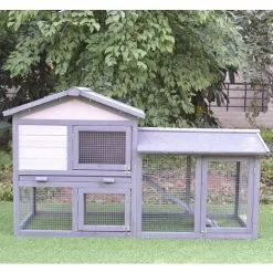 PawHut Clapier Cage à Lapins Rongeurs 2 Niveaux 3 Portes Verrouillables Tiroir à Déjection Toit Intégral Bitumé 147L X 54l X 84H Cm Bois Massif Pin Gris Blanc - Gris -PawHut Soldes Boutique 11031644 4