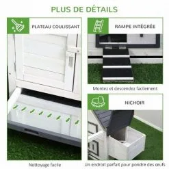 PawHut Poulailler Clapier Modèle Villa Multi-équipée : Rampe, Nichoirs, Perchoirs, Plateau Excrément, 2 Portes Bois Massif Pin Gris Blanc - Gris -PawHut Soldes Boutique 11031645 4