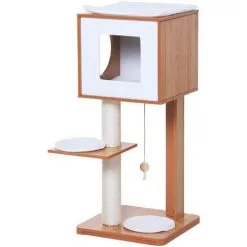 PawHut Arbre à Chats Design Contemporain Griffoir Grattoir Sisal Naturel Niche Plate-forme Jeu Boule Suspendue 50L X 40l X 91H Cm MDF Hêtre - Beige