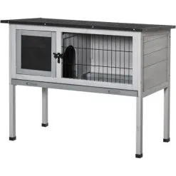 PawHut Clapier Sur Pieds Cage à Lapin Avec Niche Intérieure Plateau Excrément Coulissant Porte Verrouillable Toit Ouvrant Bois De Sapin Gris Blanc