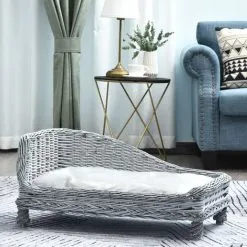 PawHut Canapé Méridienne Chiens Chats Style Cosy Chic Dim. 69L X 42l X 33H Cm Coussin Intégré Osier Gris - Gris -PawHut Soldes Boutique 17344708 2
