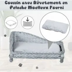 PawHut Canapé Méridienne Chiens Chats Style Cosy Chic Dim. 69L X 42l X 33H Cm Coussin Intégré Osier Gris - Gris -PawHut Soldes Boutique 17344708 4