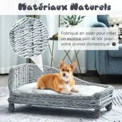 PawHut Canapé Méridienne Chiens Chats Style Cosy Chic Dim. 69L X 42l X 33H Cm Coussin Intégré Osier Gris - Gris -PawHut Soldes Boutique 17344708 5