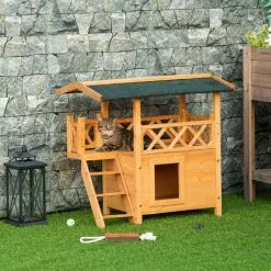PawHut Maison Lodge - Niche Villa Avec Terrasse, Escalier, Toit Pour Chien Chat - Dim. 77L X 50l X 73H Cm - Bois Massif De Pin Pré-huilé -PawHut Soldes Boutique 17742754 2