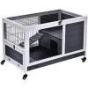 PawHut Clapier à Lapin Sur Roulettes Cage à Lapin 2 étages Porte Verrouillable Toit Ouvrant Plateau Coulissant Rampe Bois De Sapin Gris Blanc - Gris -PawHut Soldes Boutique 18565133 1
