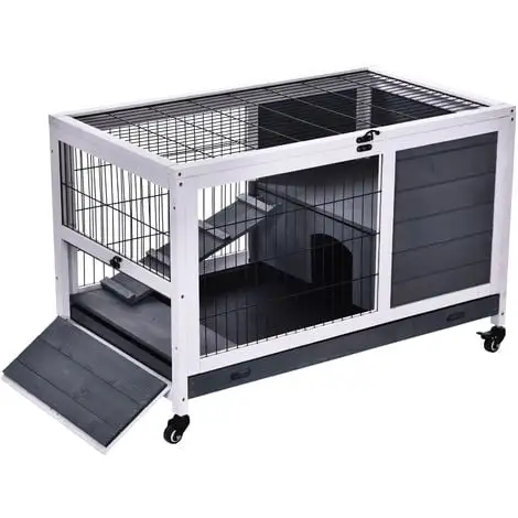 PawHut Clapier à Lapin Sur Roulettes Cage à Lapin 2 étages Porte Verrouillable Toit Ouvrant Plateau Coulissant Rampe Bois De Sapin Gris Blanc - Gris 2 PawHut Clapier à Lapin Sur Roulettes Cage à Lapin 2 étages Porte Verrouillable Toit Ouvrant Plateau Coulissant Rampe Bois De Sapin Gris Blanc - Gris – Image 2