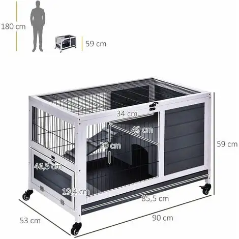 PawHut Clapier à Lapin Sur Roulettes Cage à Lapin 2 étages Porte Verrouillable Toit Ouvrant Plateau Coulissant Rampe Bois De Sapin Gris Blanc - Gris 3 PawHut Clapier à Lapin Sur Roulettes Cage à Lapin 2 étages Porte Verrouillable Toit Ouvrant Plateau Coulissant Rampe Bois De Sapin Gris Blanc - Gris – Image 3