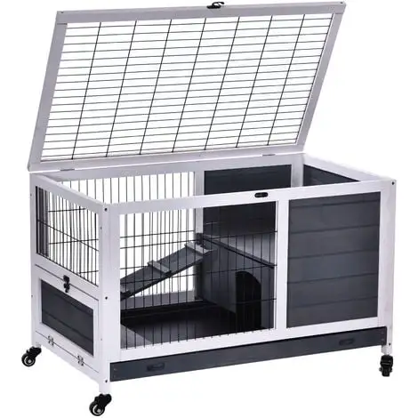 PawHut Clapier à Lapin Sur Roulettes Cage à Lapin 2 étages Porte Verrouillable Toit Ouvrant Plateau Coulissant Rampe Bois De Sapin Gris Blanc - Gris 4 PawHut Clapier à Lapin Sur Roulettes Cage à Lapin 2 étages Porte Verrouillable Toit Ouvrant Plateau Coulissant Rampe Bois De Sapin Gris Blanc - Gris – Image 4