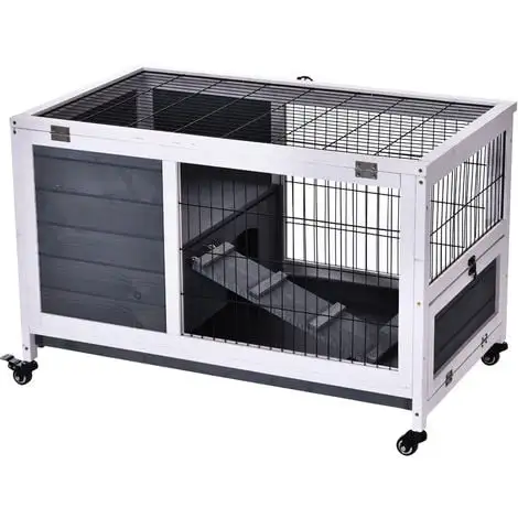 PawHut Clapier à Lapin Sur Roulettes Cage à Lapin 2 étages Porte Verrouillable Toit Ouvrant Plateau Coulissant Rampe Bois De Sapin Gris Blanc - Gris 5 PawHut Clapier à Lapin Sur Roulettes Cage à Lapin 2 étages Porte Verrouillable Toit Ouvrant Plateau Coulissant Rampe Bois De Sapin Gris Blanc - Gris – Image 5