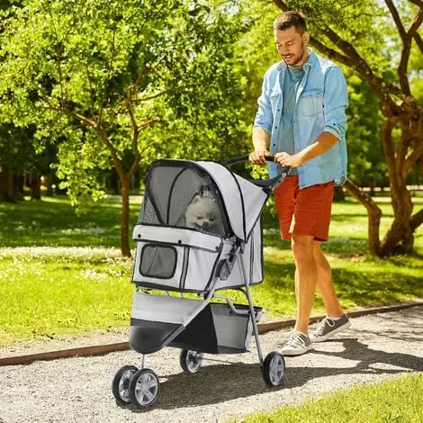PawHut Poussette Buggy Pliable Animaux Chariot Pliant Chien Chat Porte-gobelet Panier De Rangement Inclus Roues Avec Frein Tissu 600D Oxford Métal Gris - Gris 2 PawHut Poussette Buggy Pliable Animaux Chariot Pliant Chien Chat Porte-gobelet Panier De Rangement Inclus Roues Avec Frein Tissu 600D Oxford Métal Gris - Gris – Image 2