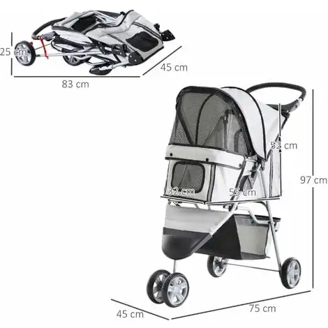 PawHut Poussette Buggy Pliable Animaux Chariot Pliant Chien Chat Porte-gobelet Panier De Rangement Inclus Roues Avec Frein Tissu 600D Oxford Métal Gris - Gris 3 PawHut Poussette Buggy Pliable Animaux Chariot Pliant Chien Chat Porte-gobelet Panier De Rangement Inclus Roues Avec Frein Tissu 600D Oxford Métal Gris - Gris – Image 3