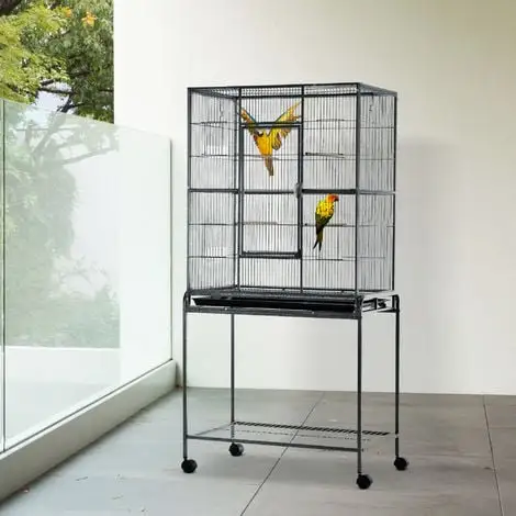 PawHut Cage à Oiseaux Portable Avec 4 Mangeoires Et 4 Perchoirs Pratique 81 X 48 X 163 Cm Noir Et Gris - Gris 2 PawHut Cage à Oiseaux Portable Avec 4 Mangeoires Et 4 Perchoirs Pratique 81 X 48 X 163 Cm Noir Et Gris - Gris – Image 2