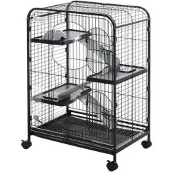PawHut Cage Pour Petits Animaux Roulante 3 Rampes 3 Plates-formes Plat Et Bouteille D'Eau Bac Inférieur Amovible Acier PP Noire - Noir -PawHut Soldes Boutique 22964258 4