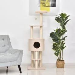 PawHut Arbre à Chats Avec Griffoir Niche Poteaux Peluche Haute Densité 45L X 40L X 148H Cm Beige -PawHut Soldes Boutique 23460882 2