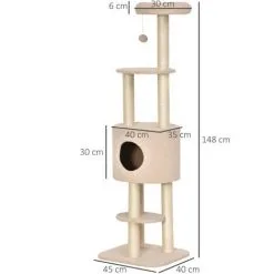 PawHut Arbre à Chats Avec Griffoir Niche Poteaux Peluche Haute Densité 45L X 40L X 148H Cm Beige -PawHut Soldes Boutique 23460882 3