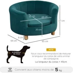 PawHut Canapé Chien Lit Pour Chien Chat Avec Accoudoirs Coussin Moelleux Pieds Bois Massif Dim. 65 X 64 X 37 Cm Velours Bleu Canard - Bleu -PawHut Soldes Boutique 23980704 3