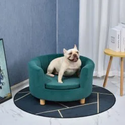 PawHut Canapé Chien Lit Pour Chien Chat Avec Accoudoirs Coussin Moelleux Pieds Bois Massif Dim. 65 X 64 X 37 Cm Velours Bleu Canard - Bleu -PawHut Soldes Boutique 23980704 4