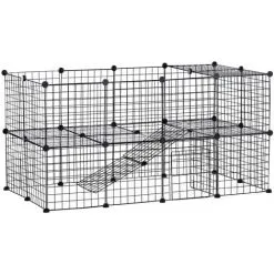PawHut Cage Parc Enclos Pour Animaux Domestiques L 146 X L 73 X H 73 Cm Modulable 2 Niveaux 36 Panneaux Bords Arrondis Fil Métallique Noir - Noir