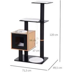PawHut Arbre à Chats Design Contemporain Griffoirs Grattoirs Sisal Naturel Centre D'activités Niche Plate-formes Jeu Boules Suspendues 71L X 49l X 120H Cm MDF Noir Hêtre - Noir -PawHut Soldes Boutique 24594331 3