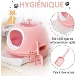 PawHut Maison De Toilette Portable Pour Chat Tiroir à Litière Coulissant Porte Battante Lucarne + Pelle Fournis Dim. 47L X 55l X 44H Cm Rose - Rose -PawHut Soldes Boutique 25008011 5