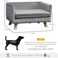 PawHut Canapé Chien Lit Pour Chien Design Scandinave Coussin Moelleux Pieds Bois Massif Dim. 64 X 45 X 36 Cm Velours Gris - Gris -PawHut Soldes Boutique 25008543 3