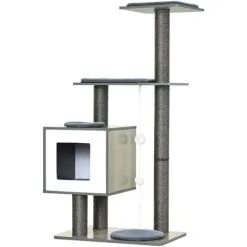 PawHut Arbre à Chats Design Contemporain Griffoirs Grattoirs Sisal Naturel Centre D'activités Niche Plate-formes Jeu Boules Suspendues 71L X 49l X 120H Cm MDF Hêtre Gris - Gris