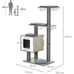 PawHut Arbre à Chats Design Contemporain Griffoirs Grattoirs Sisal Naturel Centre D'activités Niche Plate-formes Jeu Boules Suspendues 71L X 49l X 120H Cm MDF Hêtre Gris - Gris -PawHut Soldes Boutique 25008571 3
