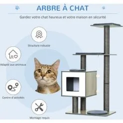 PawHut Arbre à Chats Design Contemporain Griffoirs Grattoirs Sisal Naturel Centre D'activités Niche Plate-formes Jeu Boules Suspendues 71L X 49l X 120H Cm MDF Hêtre Gris - Gris -PawHut Soldes Boutique 25008571 4