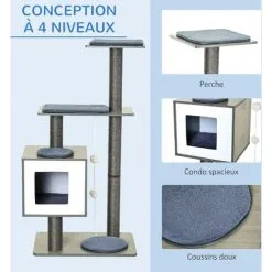 PawHut Arbre à Chats Design Contemporain Griffoirs Grattoirs Sisal Naturel Centre D'activités Niche Plate-formes Jeu Boules Suspendues 71L X 49l X 120H Cm MDF Hêtre Gris - Gris -PawHut Soldes Boutique 25008571 5