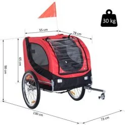 PawHut Remorque Velo Pour Chien Animaux Avec 8 Reflecteurs Drapeau Rouge Noir - Rouge -PawHut Soldes Boutique 25009357 3