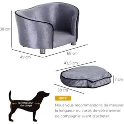 PawHut Canapé/lit Pour Chien/chat Canapé Animaux Avec Accoudoir Et Dossier 69x49x38cm - Gris -PawHut Soldes Boutique 25009386 3