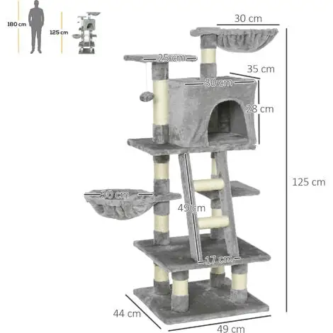 PawHut Arbre à Chats Multi-équipements Griffoirs Grattoirs Niche Plateformes + échelle + Hamacs + Boule Suspendue Gris - Gris 3 PawHut Arbre à Chats Multi-équipements Griffoirs Grattoirs Niche Plateformes + échelle + Hamacs + Boule Suspendue Gris - Gris – Image 3