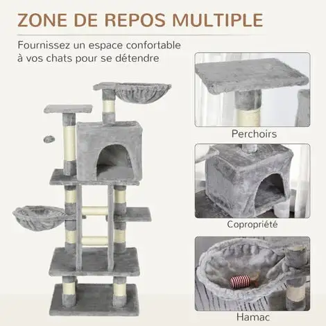 PawHut Arbre à Chats Multi-équipements Griffoirs Grattoirs Niche Plateformes + échelle + Hamacs + Boule Suspendue Gris - Gris 4 PawHut Arbre à Chats Multi-équipements Griffoirs Grattoirs Niche Plateformes + échelle + Hamacs + Boule Suspendue Gris - Gris – Image 4