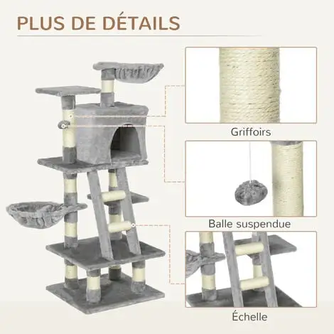 PawHut Arbre à Chats Multi-équipements Griffoirs Grattoirs Niche Plateformes + échelle + Hamacs + Boule Suspendue Gris - Gris 5 PawHut Arbre à Chats Multi-équipements Griffoirs Grattoirs Niche Plateformes + échelle + Hamacs + Boule Suspendue Gris - Gris – Image 5