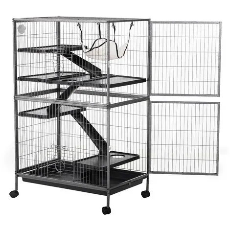 PawHut Cage Pour Rongeurs Multifonction 4 Plateformes 3 Rampes 4 Portes Dim. 80L X 52l X 128H Cm Métal Gris Argenté Noir - Gris 4 PawHut Cage Pour Rongeurs Multifonction 4 Plateformes 3 Rampes 4 Portes Dim. 80L X 52l X 128H Cm Métal Gris Argenté Noir - Gris – Image 4
