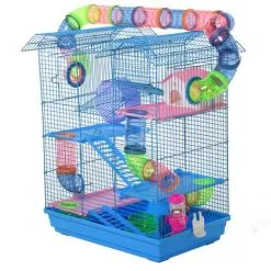 PawHut Cage Pour Hamster Souris Petit Animaux Rongeur Avec Tunnel Mangeoire Roue Jouet 47 X 30 X 59 Cm Cm Bleu - Bleu