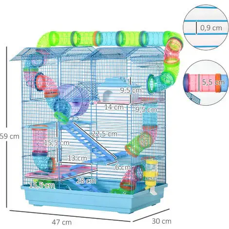 PawHut Cage Pour Hamster Souris Petit Animaux Rongeur Avec Tunnel Mangeoire Roue Jouet 47 X 30 X 59 Cm Cm Bleu - Bleu 3 PawHut Cage Pour Hamster Souris Petit Animaux Rongeur Avec Tunnel Mangeoire Roue Jouet 47 X 30 X 59 Cm Cm Bleu - Bleu – Image 3