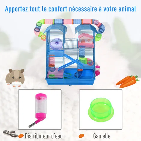 PawHut Cage Pour Hamster Souris Petit Animaux Rongeur Avec Tunnel Mangeoire Roue Jouet 47 X 30 X 59 Cm Cm Bleu - Bleu 4 PawHut Cage Pour Hamster Souris Petit Animaux Rongeur Avec Tunnel Mangeoire Roue Jouet 47 X 30 X 59 Cm Cm Bleu - Bleu – Image 4