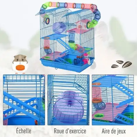 PawHut Cage Pour Hamster Souris Petit Animaux Rongeur Avec Tunnel Mangeoire Roue Jouet 47 X 30 X 59 Cm Cm Bleu - Bleu 5 PawHut Cage Pour Hamster Souris Petit Animaux Rongeur Avec Tunnel Mangeoire Roue Jouet 47 X 30 X 59 Cm Cm Bleu - Bleu – Image 5