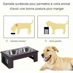 PawHut Gamelle Double Chien Chat Porte-gamelles Surélevé Dim. 44L X 24l X 15H Cm 2 Gamelles Acier Inox. Incluses MDF Marron - Marron -PawHut Soldes Boutique 27569733 4