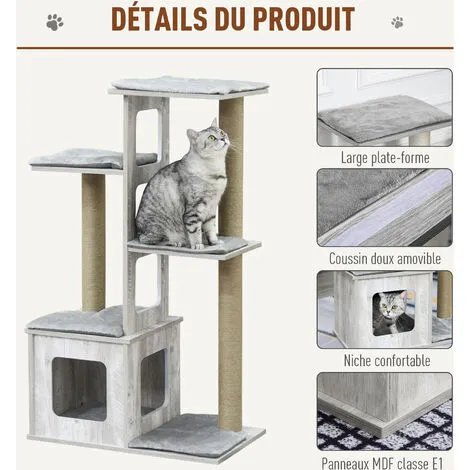 PawHut Arbre à Chats Design Contemporain Griffoirs Grattoirs Sisal Naturel Niche Plate-formes 6 Coussins MDF Bois Gris - Gris 5 PawHut Arbre à Chats Design Contemporain Griffoirs Grattoirs Sisal Naturel Niche Plate-formes 6 Coussins MDF Bois Gris - Gris – Image 5