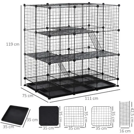 PawHut Cage Parc Enclos Rongeurs Modulable Dim. L 111 X L 75 X H 119 Cm 3 Niveaux 4 Portes Fil Métallique Noir 3 PawHut Cage Parc Enclos Rongeurs Modulable Dim. L 111 X L 75 X H 119 Cm 3 Niveaux 4 Portes Fil Métallique Noir – Image 3