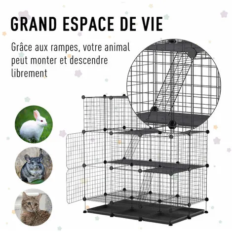 PawHut Cage Parc Enclos Rongeurs Modulable Dim. L 111 X L 75 X H 119 Cm 3 Niveaux 4 Portes Fil Métallique Noir 5 PawHut Cage Parc Enclos Rongeurs Modulable Dim. L 111 X L 75 X H 119 Cm 3 Niveaux 4 Portes Fil Métallique Noir – Image 5