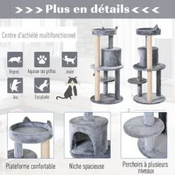 PawHut Arbre à Chats Multi-équipements Griffoirs Grattoirs Plateformes Niche Jeu Boule Suspendue Ø 48 X 104H Cm Gris -PawHut Soldes Boutique 28027964 5