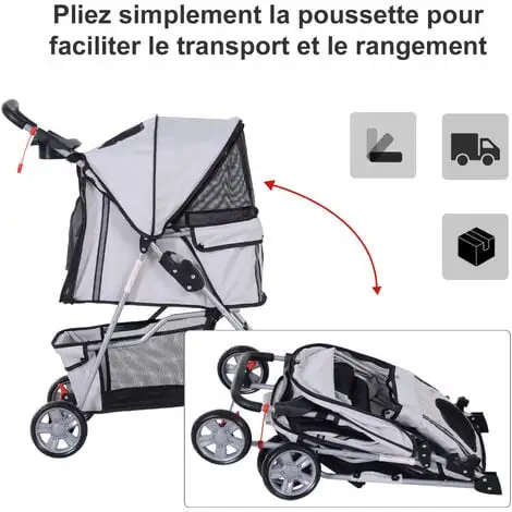 PawHut Poussette Buggy Pliable Animaux Chariot Pliant Chien Chat Porte-gobelet Panier De Rangement Inclus Roues Avec Frein Tissu 600D Oxford Métal Gris - Gris 4 PawHut Poussette Buggy Pliable Animaux Chariot Pliant Chien Chat Porte-gobelet Panier De Rangement Inclus Roues Avec Frein Tissu 600D Oxford Métal Gris - Gris – Image 4
