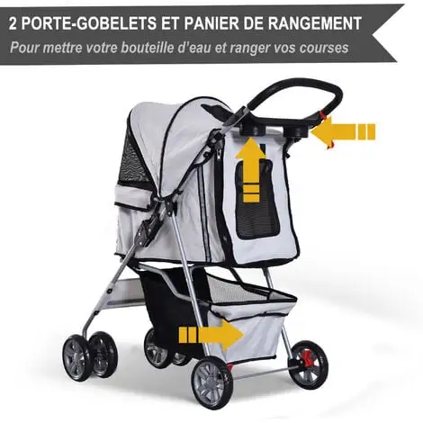 PawHut Poussette Buggy Pliable Animaux Chariot Pliant Chien Chat Porte-gobelet Panier De Rangement Inclus Roues Avec Frein Tissu 600D Oxford Métal Gris - Gris 5 PawHut Poussette Buggy Pliable Animaux Chariot Pliant Chien Chat Porte-gobelet Panier De Rangement Inclus Roues Avec Frein Tissu 600D Oxford Métal Gris - Gris – Image 5