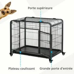 PawHut Cage Pour Chien Pliable Cage De Transport Sur Roulettes 2 Portes Verrouillables Plateau Amovible Dim. 94L X 58l X 69H Cm Métal Gris Noir - Noir -PawHut Soldes Boutique 28556652 4