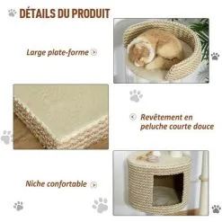 PawHut Arbre à Chats Style Cosy Chic Griffoirs Jute Naturelle Niche Plateforme Peluche Courte Bicolore Beige Café - Beige -PawHut Soldes Boutique 28917429 5