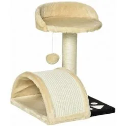 PawHut Arbre à Chat Griffoir Grattoir Design Jeu Boule Suspendue + Plateforme Peluche Sisal Naturel Beige - Beige