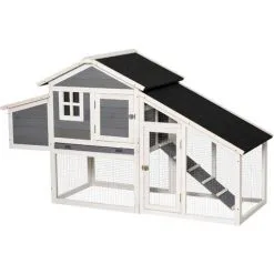 PawHut Poulailler Cottage Cage à Poules Surélevé Dim. 176L X 65l X 100H Cm Multi-équipement Toit Bitumé Noir Bois Sapin Gris Blanc - Gris